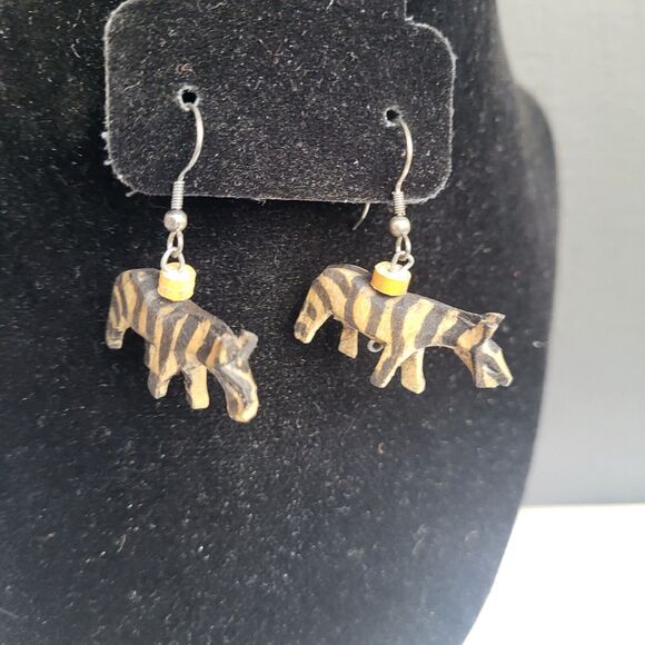 Hand Carved Wooden Kenyan Zebra Earrings 1.75" - Picture 2 of 4